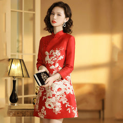 Spring And Autumn Republic Of China Style Retro Women's Clothing Stand-up Collar Jacquard Improved Mid-length Cheongsam Dress Ninth Sleeve A- Line Cheongsam Dress