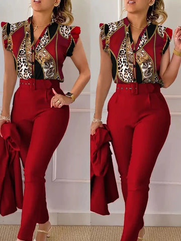 Elegant Short Sleeved Ladies Fashioned V Neck Animal Print 2 PC Pant Set