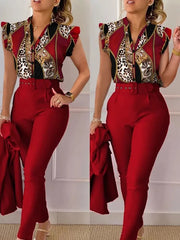 Elegant Short Sleeved Ladies Fashioned V Neck Animal Print 2 PC Pant Set