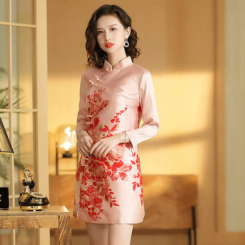 Spring And Autumn Republic Of China Style Retro Women's Clothing Stand-up Collar Jacquard Improved Mid-length Cheongsam Dress Ninth Sleeve A- Line Cheongsam Dress