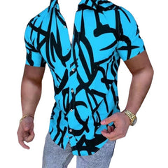 European And American Style Men's Clothing Lapel Print Casual Loose Short Sleeves Shirt