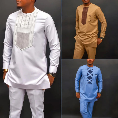 African Men's Native Disigner Clothing Tunic Ethnic Style 2pcs Dashiki Pants Sets Traditional Outfit Kaftan
