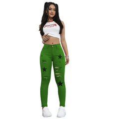 Red Mid-Waist Tight Ripped Printed Stretch Denim Trousers Plain Washed Small Toes Star Applique Elegant Fashion Sexy Classic