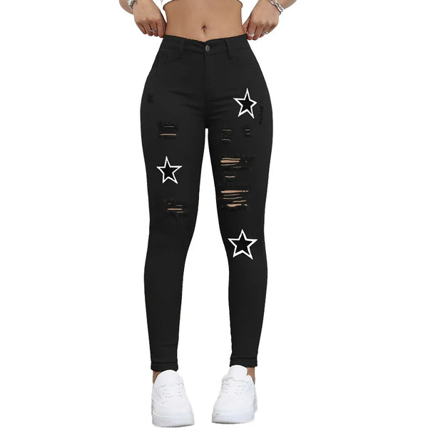 Red Mid-Waist Tight Ripped Printed Stretch Denim Trousers Plain Washed Small Toes Star Applique Elegant Fashion Sexy Classic