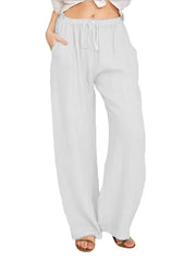 Summer and Autumn Women Cotton Linen Casual Elastic Waist Side Pockets Wide Leg Straight Pants