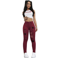 Red Mid-Waist Tight Ripped Printed Stretch Denim Trousers Plain Washed Small Toes Star Applique Elegant Fashion Sexy Classic