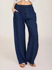 Summer and Autumn Women Cotton Linen Casual Elastic Waist Side Pockets Wide Leg Straight Pants