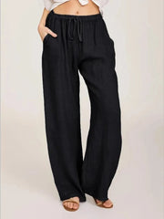 Summer and Autumn Women Cotton Linen Casual Elastic Waist Side Pockets Wide Leg Straight Pants