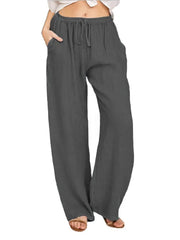 Summer and Autumn Women Cotton Linen Casual Elastic Waist Side Pockets Wide Leg Straight Pants