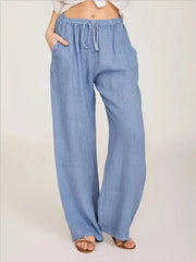 Summer and Autumn Women Cotton Linen Casual Elastic Waist Side Pockets Wide Leg Straight Pants