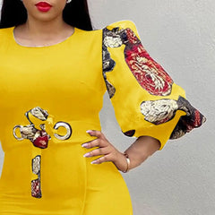 Women Elegant Bodycon Dresses O Neck Three Quater Sleeves High Waist Office Ladies Work Wear Package Hip African Fashion Spring