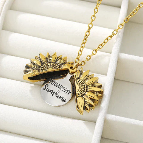 You Are My Sunshine Sunflower Locket Pendant Necklace Wife Daughter featuring sunflower locket with engraved message