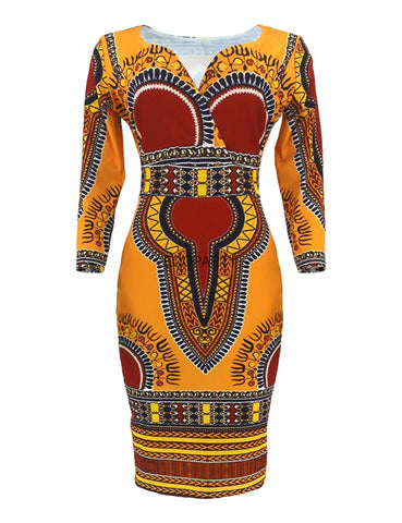 African Women Dashiki Print Tribal Ethnic Fashion V-neck Casual Dress