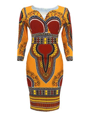 African Women Dashiki Print Tribal Ethnic Fashion V-neck Casual Dress