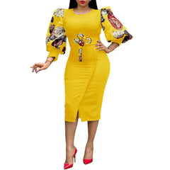 Women Elegant Bodycon Dresses O Neck Three Quater Sleeves High Waist Office Ladies Work Wear Package Hip African Fashion Spring