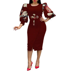 Women Elegant Bodycon Dresses O Neck Three Quater Sleeves High Waist Office Ladies Work Wear Package Hip African Fashion Spring