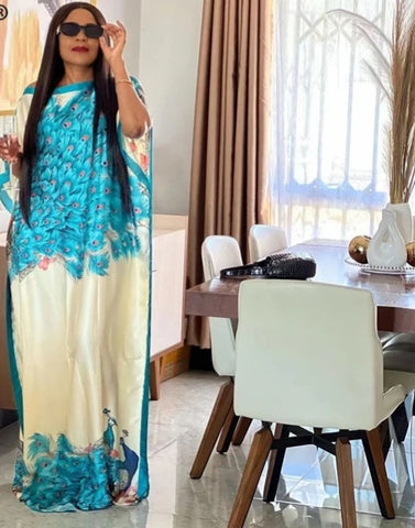 Bazin Peacock Print Dashiki Women Long Dress