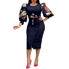 Women Elegant Bodycon Dresses O Neck Three Quater Sleeves High Waist Office Ladies Work Wear Package Hip African Fashion Spring