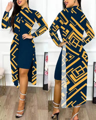 Elegant A Line Two Piece Print Dresses Full Sleeve Split Cardigan Half High Collar Dress