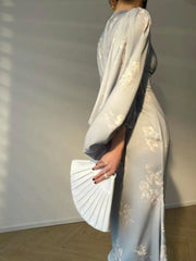 Summer Vintage New Elegant Printing Mermaid Dresses French Chic Long Sleeve V-neck Slim Lady Robe