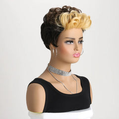 Synthetic Short Pixie Cut Wig with Wavy Bangs Mixed Black Brown 2 Tones Hair Wigs for Women Wavy Haircuts