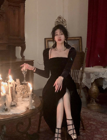 French Black Velvet Spaghetti Strap Midi Dresses for Women Summer Autumn Elegant Party 2-piece A-line Evening Formal Attire Dresses