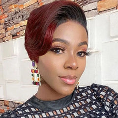 Colored T Part Brazilian Straight Pixie Cut Human Hair Transparent Lace Wig