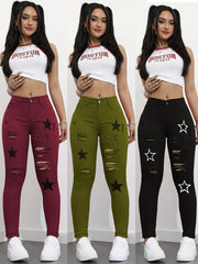 Red Mid-Waist Tight Ripped Printed Stretch Denim Trousers Plain Washed Small Toes Star Applique Elegant Fashion Sexy Classic