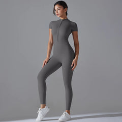 Women's Jumpsuits One-Piece Suit Zipper Short Sleeve Gym Workout Clothes Fitness Bodysuit