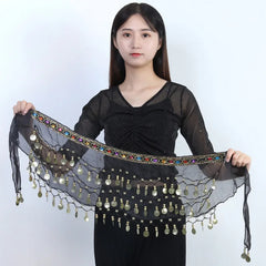 New Belly Dance Hip Scarf Copper Coin Waist Scarf Indian Dance Performance Clothing Accessories Dance Wear Belt with Gemstone