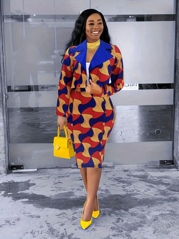 Two Piece Women's Suit Dashiki Long Sleeved Two Piece Exposed Navel Top Set Temperament Midi Skirt Printed Casual Women's Set