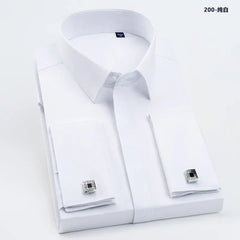 Men French Cufflinks Shirt High Quality Hidden Button Men's Long Sleeve Casual Slim Fit Cuff Dress Shirts (Cufflinks Included)