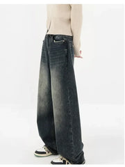 Harajuku Streetwear Retro Fashion Women High Waist Jeans Wide Leg Straight Denim Trousers Y2K Baggy Pants