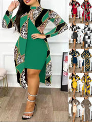 Elegant A Line Two Piece Print Dresses Full Sleeve Split Cardigan Half High Collar Dress