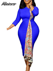Mlaiscsr Chic Print Patchwork High Waist 3/4 Sleeve Bodycon Midi Dress Women Elegant Office Work Birthday Evening Party Vestidos