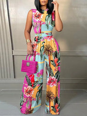 Elegant Women Wide Leg Juumpsuit Summer Fashion Printed Sleeveless Casual Wear