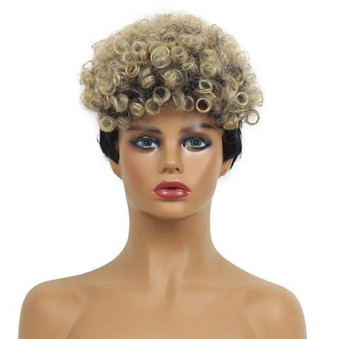Synthetic Short Curly Pixie Cut Wigs Black Blonde 2 Tones Hair Wigs for Black Women Natural Wave Heat Resistant Daily Cosplay