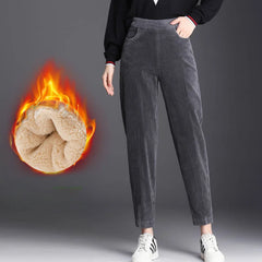 Women Corduroy Warm Thick Plush Casual Autumn Winter Leggings High Waist Pants