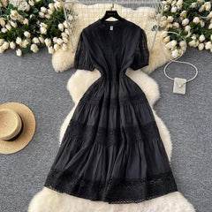 French Elegant Lace Embroidery Prom Midi Dress Women's V Neck Puff Sleeve High Waist Hollow Out Long Summer Sundress Clothing