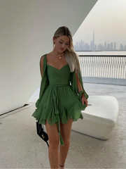 Unique Split Long Sleeves V Neck Woman Soft Mini Dress Sexy Lady Pleated Hem Green Short Dresses New Fall Beach Party Vestidos