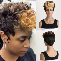 Synthetic Short Pixie Cut with Wavy Bangs Mixed Black Brown 2 Tones Hair Wigs for Women Wavy Hair