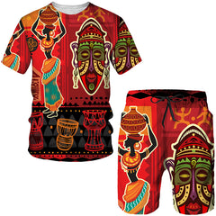 African Men 2 Piece Outfit Ethnic Style Dashiki Shirts Short Sleeve Tee