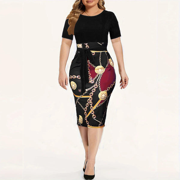 Colorblock Chain Print Short Sleeve Round Neck Slim Fit Mini Dress With Belt