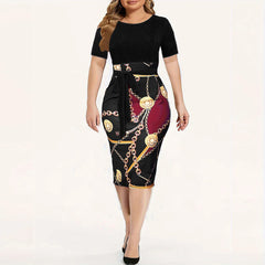 Colorblock Chain Print Short Sleeve Round Neck Slim Fit Mini Dress With Belt