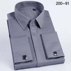 Men French Cufflinks Shirt High Quality Hidden Button Men's Long Sleeve Casual Slim Fit Cuff Dress Shirts (Cufflinks Included)