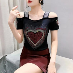 Summer European Clothing T-shirt Female New Short Sleeve Tops Shirt Fashion Butterfly Diamonds Mesh Tees Women Slim T-Shirt
