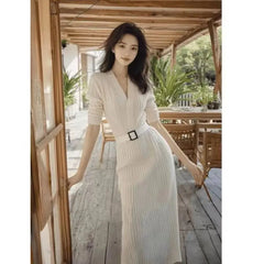 Red Knitted Dress New Autumn Temperament Senior Sense of Waist Long Dress French Skirt Women's Clothing