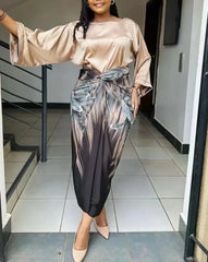 African Printed Two Piece Sets Skirt Womens O-neck Loose Flare Sleeve  Lace-up Skirt 2 Piece Suit Womens