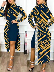Elegant A Line Two Piece Print Dresses Full Sleeve Split Cardigan Half High Collar Dress