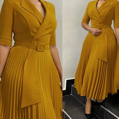 2025 Dashiki African Dresses for Women Autumn Elegant Half Sleeve V-neck Polyester Pleat Dress Ankara Dresses African Clothes